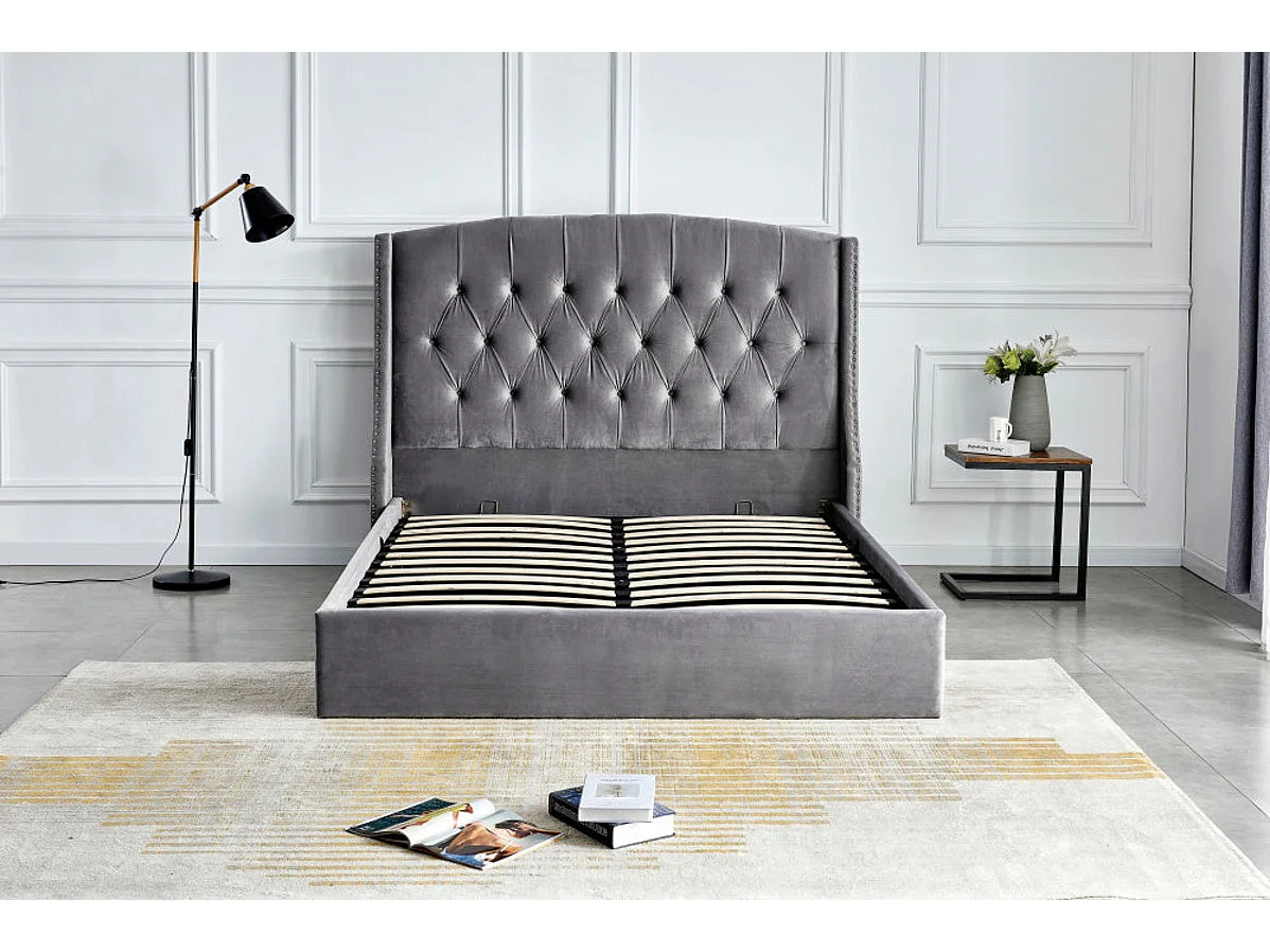 Lit Coffre 2 places 180x200 cm velours gris sommier intégré SULTAN