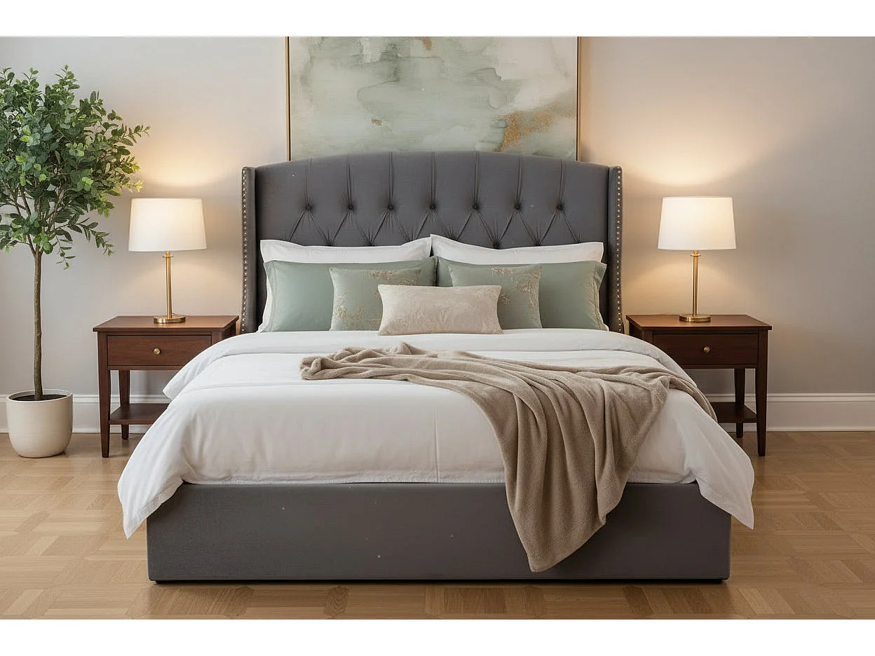 Lit Coffre 2 places 180x200 cm velours gris sommier intégré SULTAN