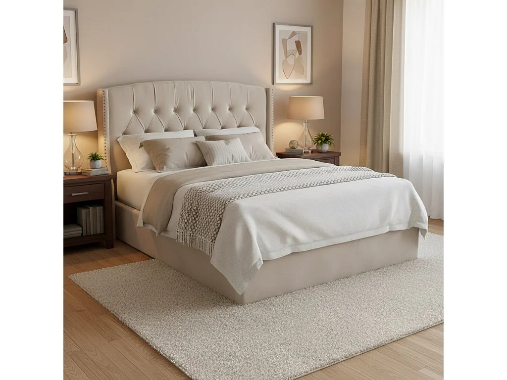 Lit Coffre 2 places 180x200 cm SULTAN velours beige sommier intégré