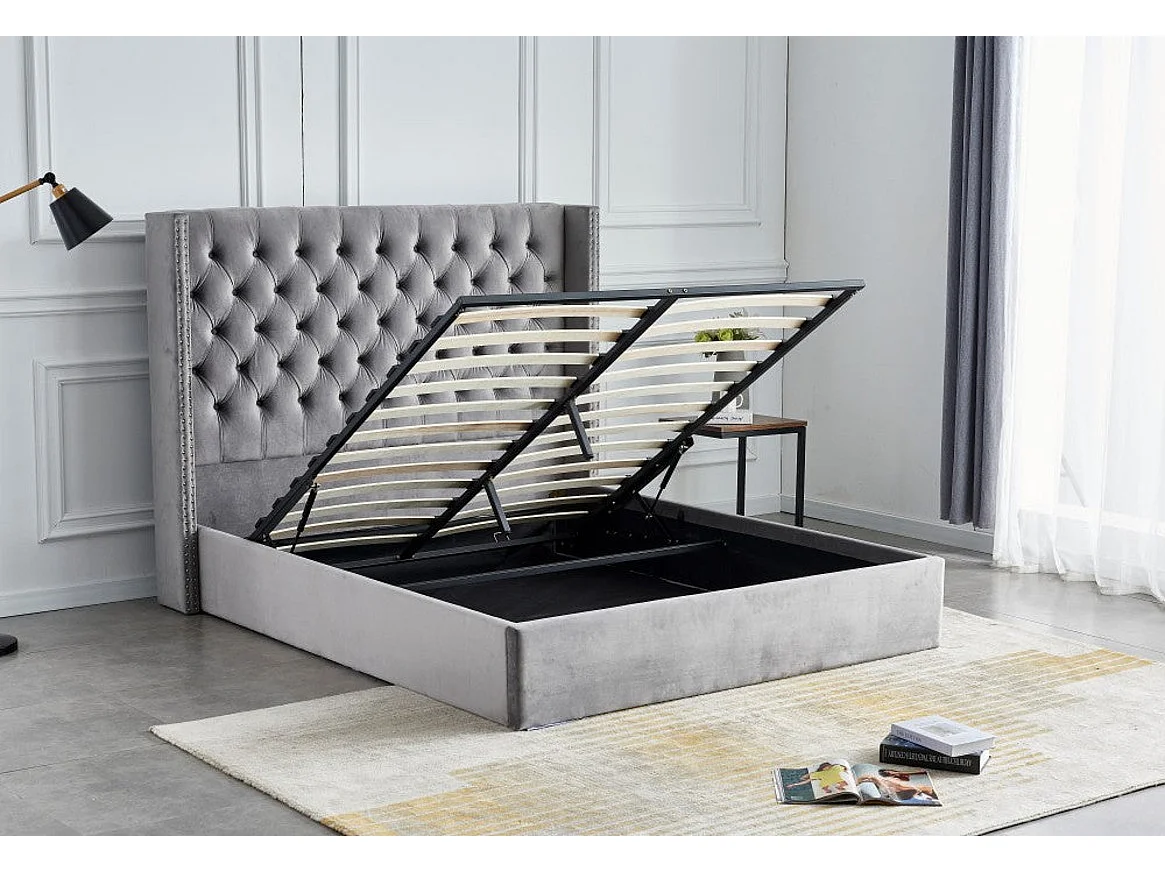 Lit COFFRE 2 places 160X200 cm CLOUTE velours GRIS