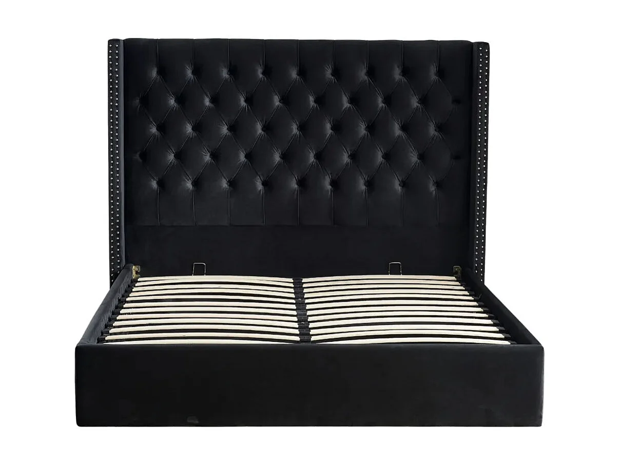 Lit COFFRE 2 places 180X200 cm CLOUTE velours Noir