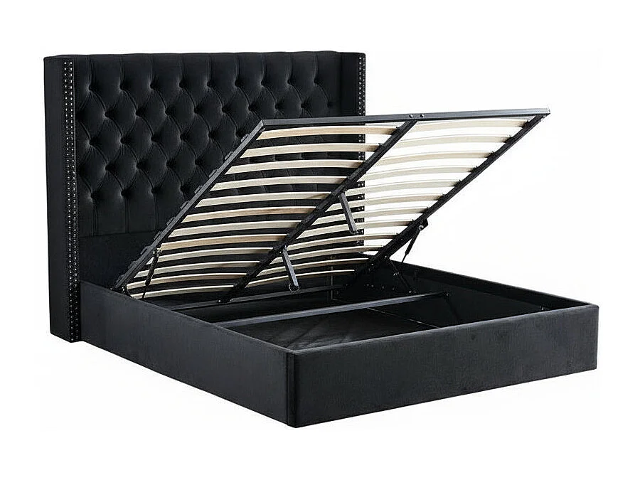 Lit COFFRE 2 places 180X200 cm CLOUTE velours Noir