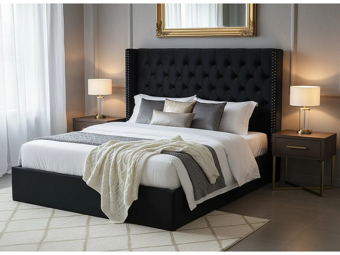 Lit Coffre 2 Places 180x200 cm Chesterfield Velours Noir Clouté Sommier Inclus