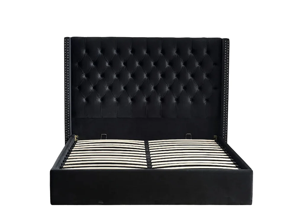 Lit Coffre 2 Places 180x200 cm Chesterfield Velours Noir Clouté Sommier Inclus
