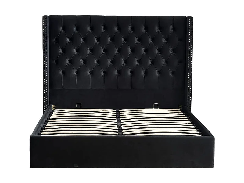 Lit COFFRE 2 places 180X200 cm CLOUTE velours Noir