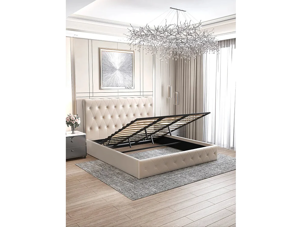 Lit coffre 2 places en velours beige 140x190cm