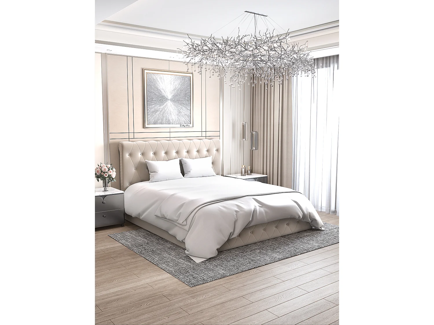 Lit coffre 2 places en velours beige 140x190cm