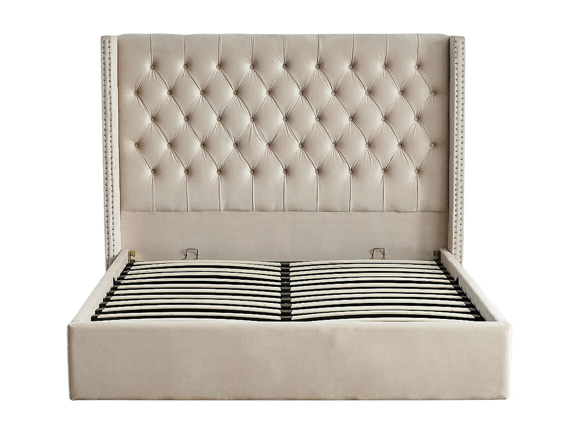 Lit COFFRE 2 places 180X200 cm CLOUTE velours BEIGE