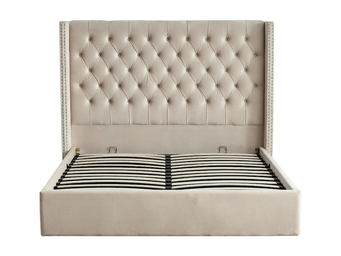 Lit COFFRE 2 places 180X200 cm CLOUTE velours BEIGE