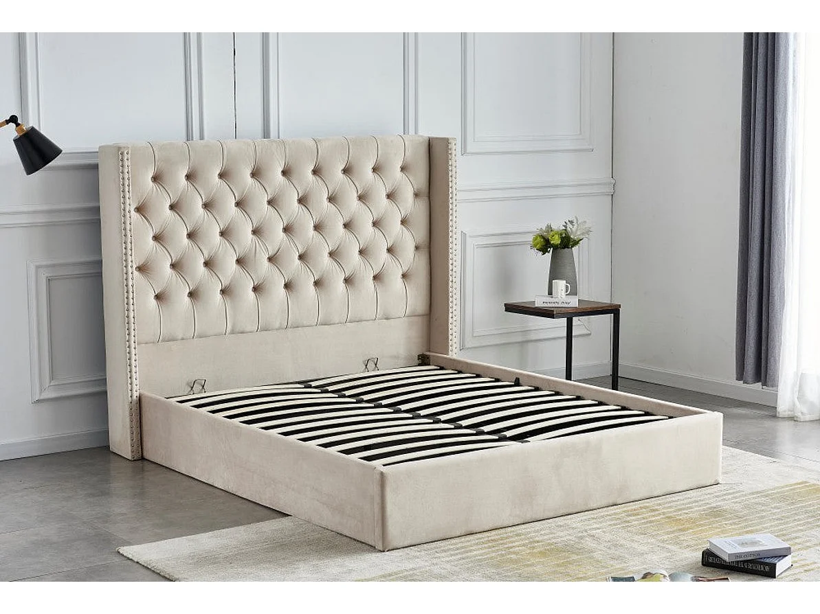 Lit COFFRE 2 places 180X200 cm CLOUTE velours BEIGE