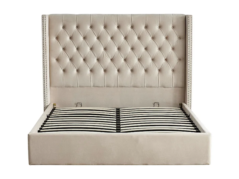 Lit COFFRE 2 places 180X200 cm CLOUTE velours BEIGE