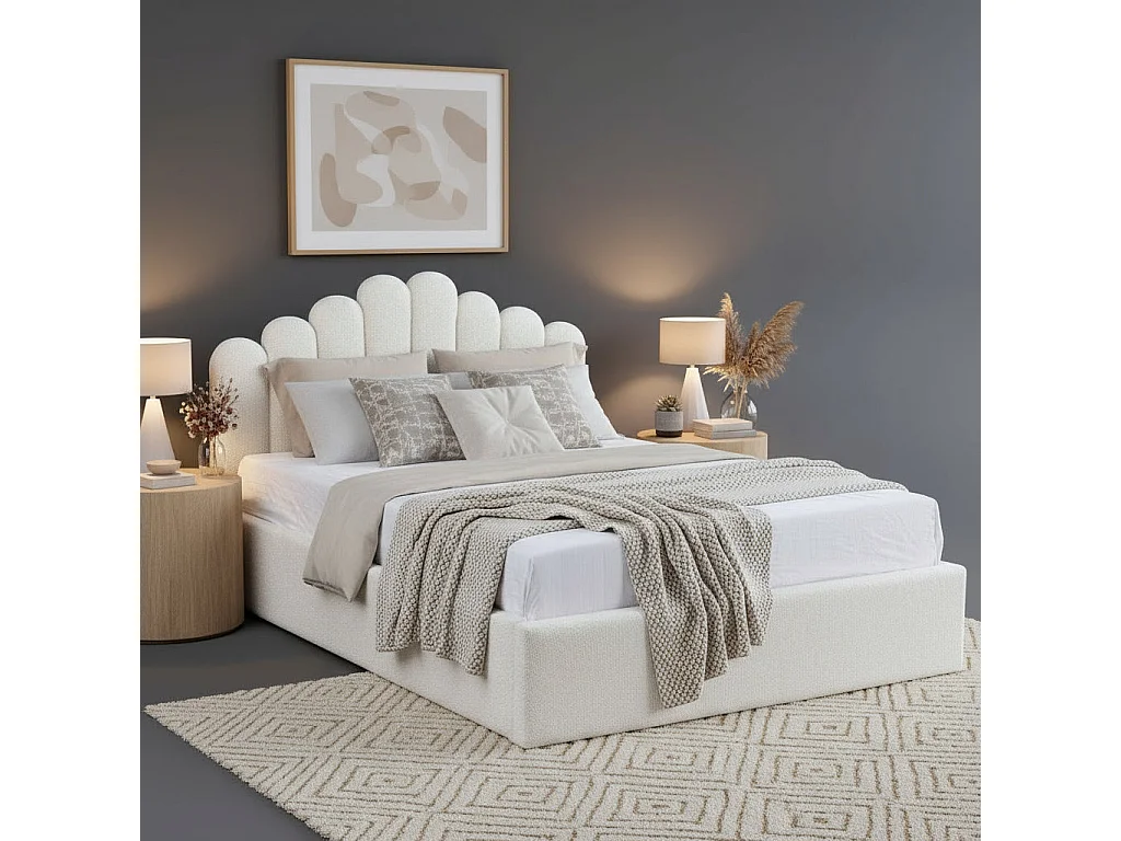 Lit coffre DOHA 2 places 140x190 cm blanc doudou sommier et coffre intégré