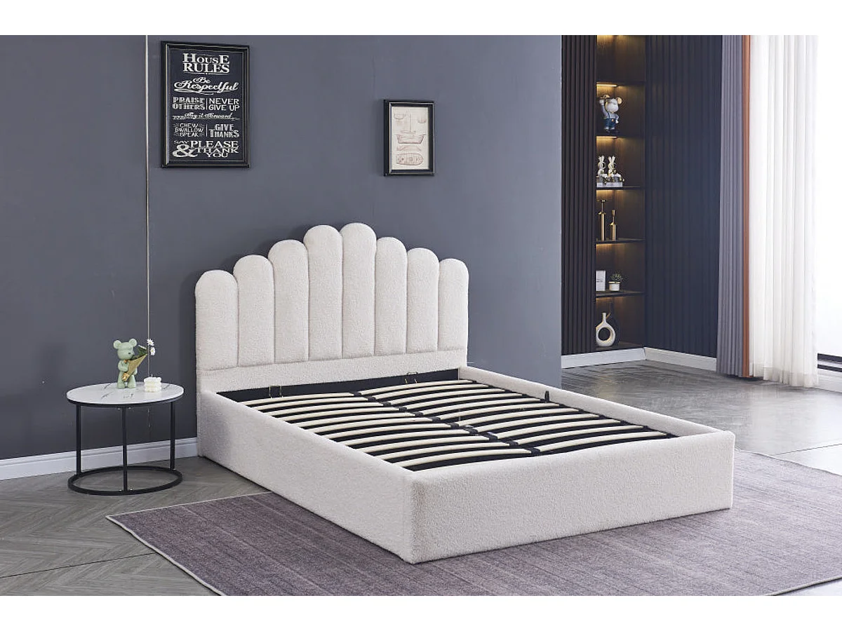 Lit coffre DOHA 2 places 140x190 cm blanc doudou sommier et coffre intégré