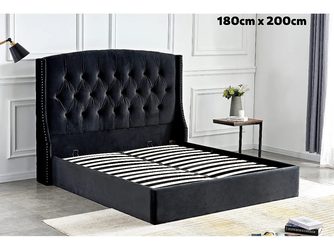 Lit Coffre 2 places 180x200 cm velours noir sommier intégré SULTAN