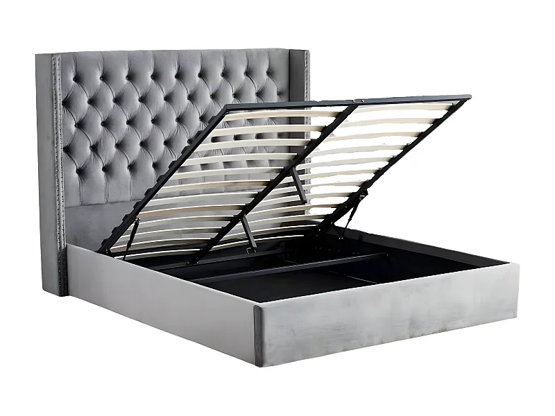 Lit COFFRE 2 places 180X200 cm CLOUTE velours GRIS