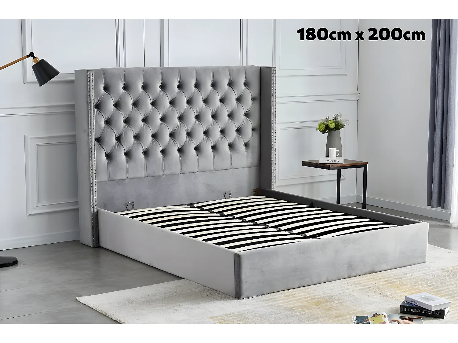 Lit COFFRE 2 places 180X200 cm CLOUTE velours GRIS