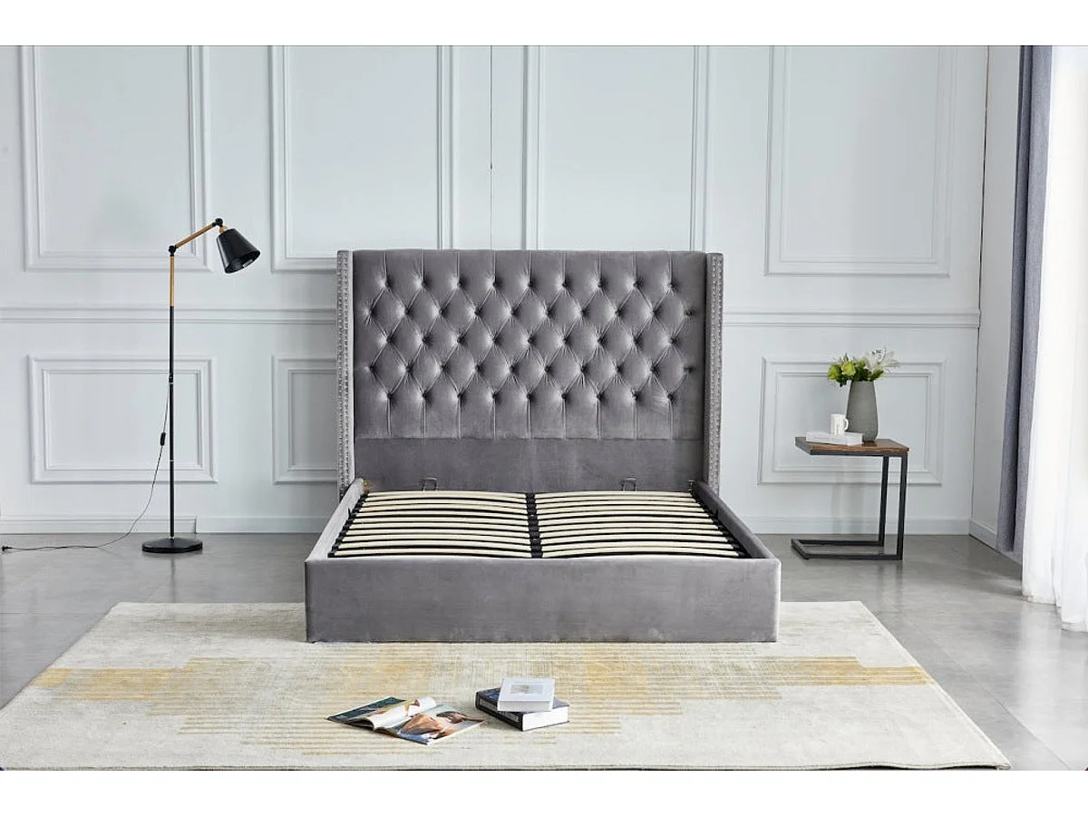 Lit COFFRE 2 places 180X200 cm CLOUTE velours GRIS