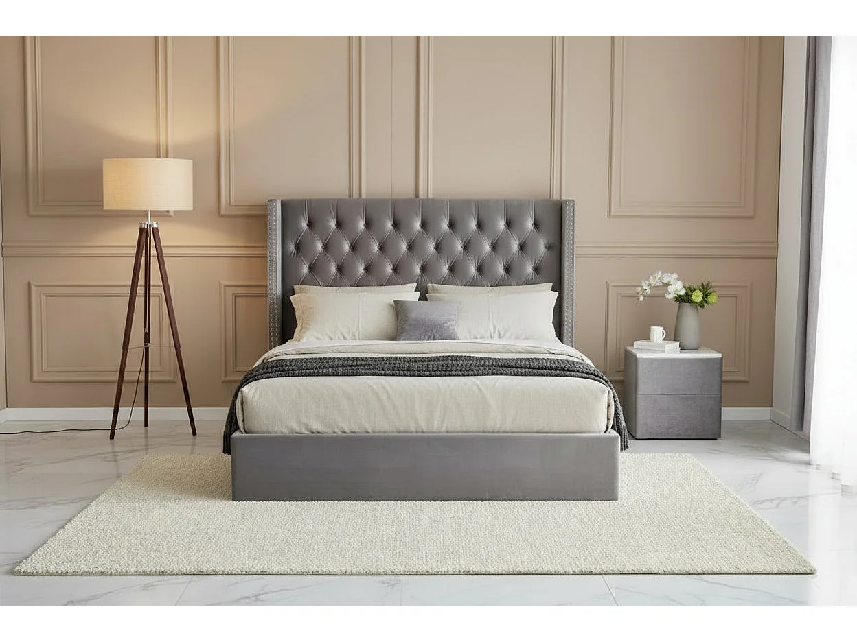 Lit coffre 2 places 180x200 cm CLOUTE velours gris