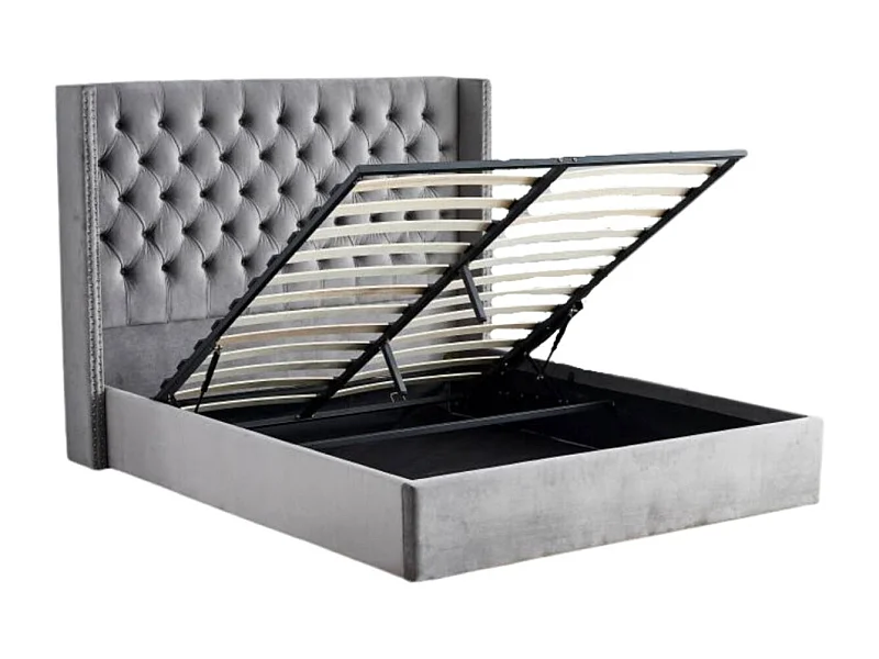 Lit COFFRE 2 places 180X200 cm CLOUTE velours GRIS