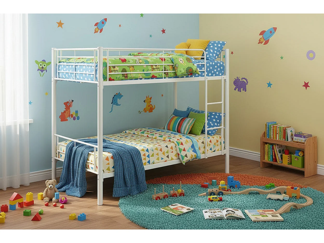 Lit superposé Séparable métal LUNA 1+1 90x190 cm sommier inclus blanc