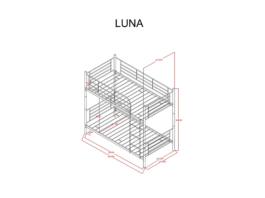 Lit superposé Séparable métal LUNA 1+1 90x190 cm sommier inclus blanc