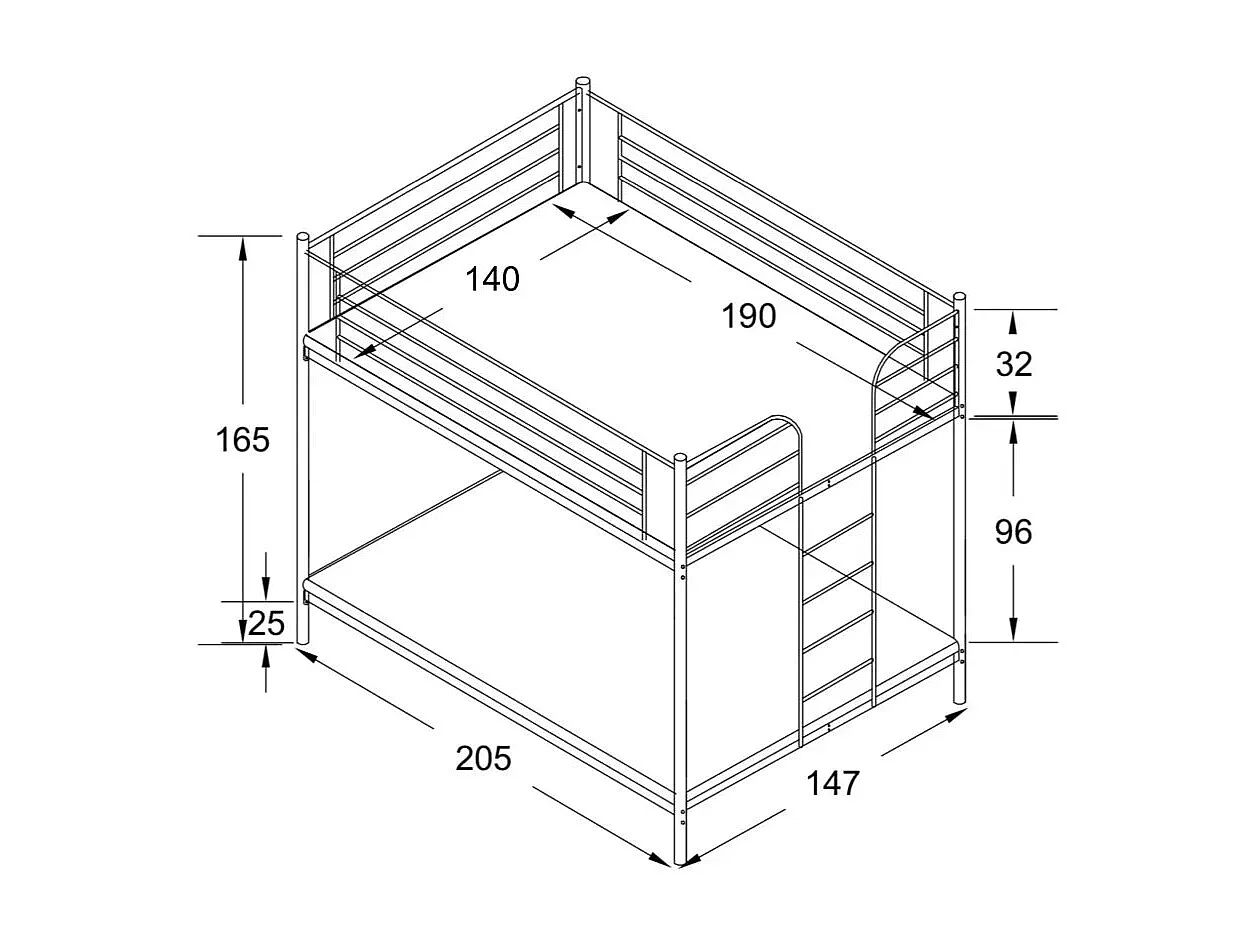 Lit double superposé 4 places 140x190 en acier TITAN, Gris