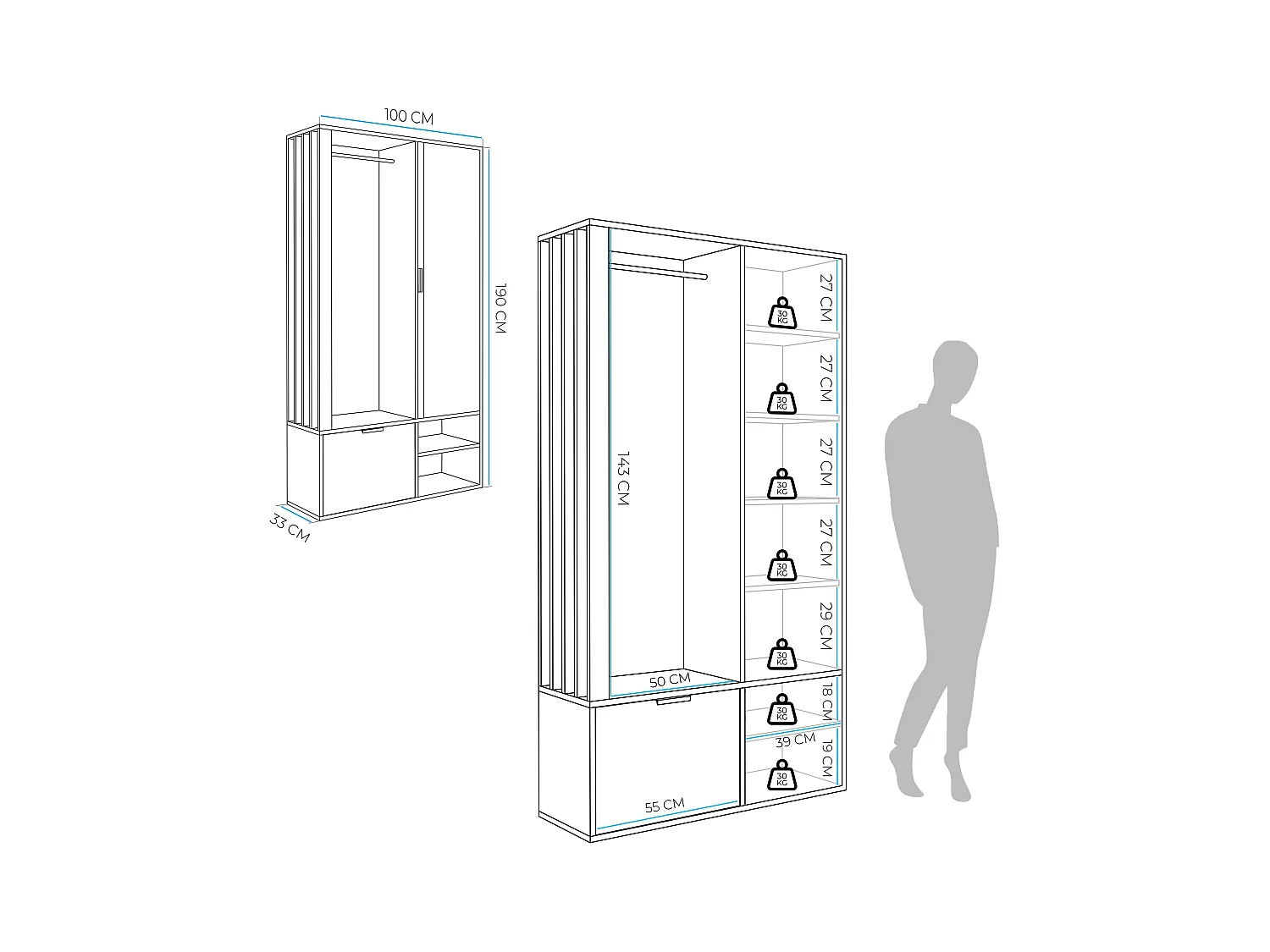 Kleiderschrank mit Spiegel Graphit