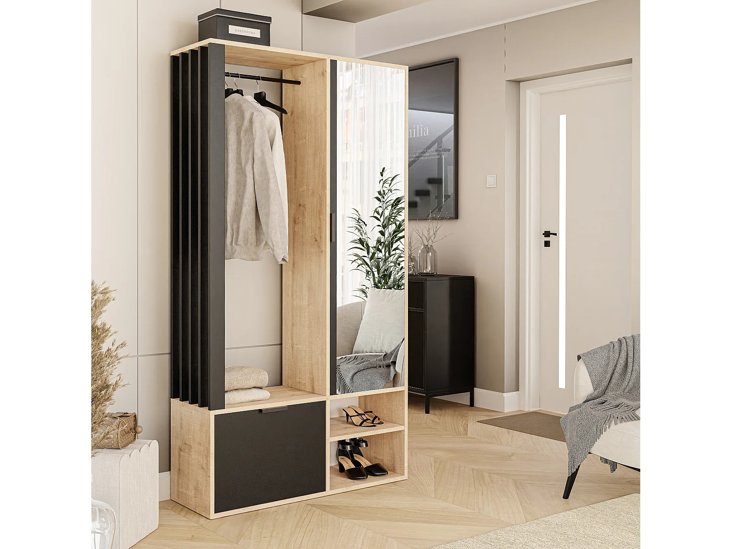 Armoire dressing avec miroir Chêne Artisanal/Noir