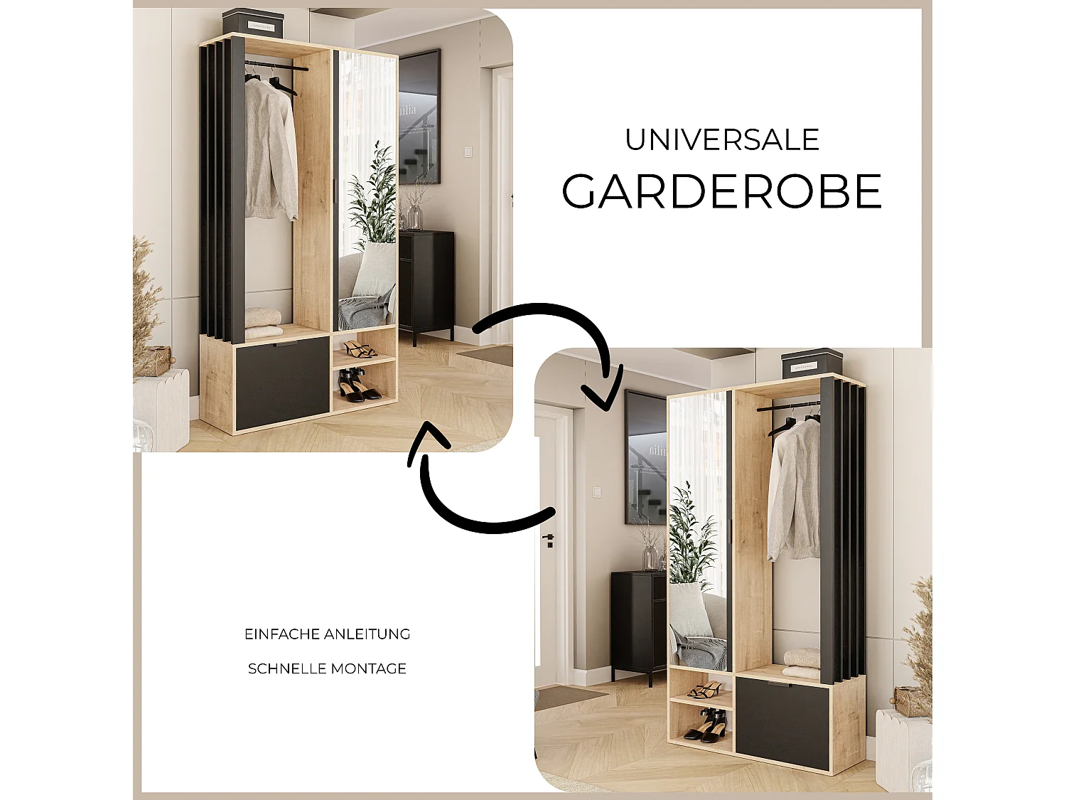 Armoire dressing avec miroir Chêne Artisanal/Noir