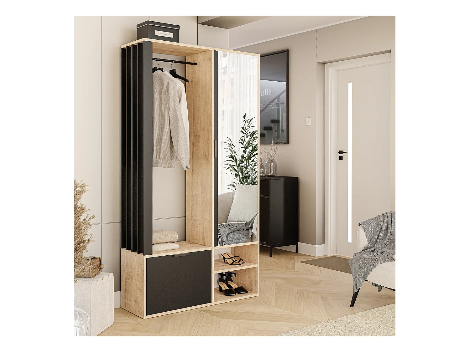 Armoire dressing avec miroir Chêne Artisanal/Noir