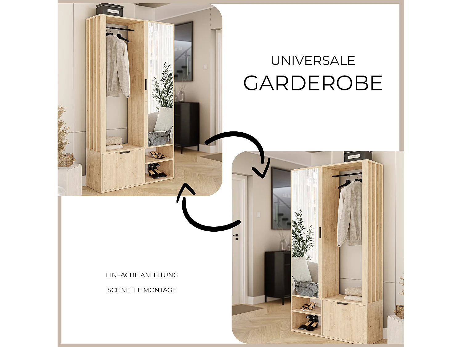 Kledingkast met spiegel Eiken Ambachtelijk