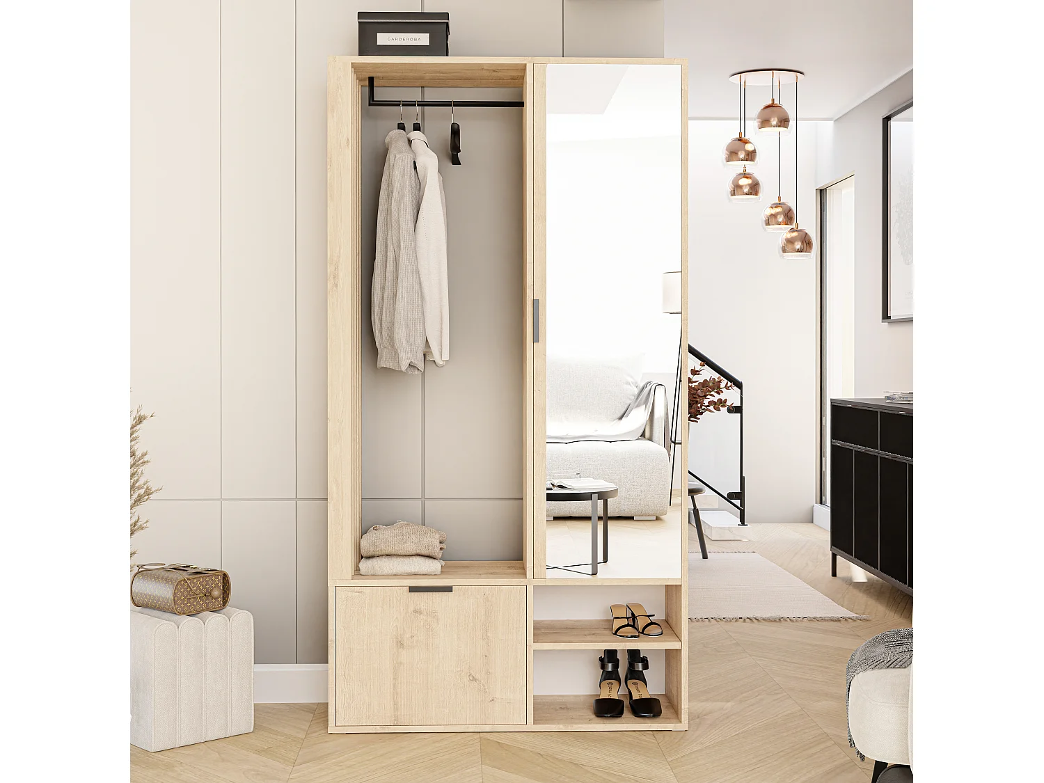 Kledingkast met spiegel Eiken Ambachtelijk