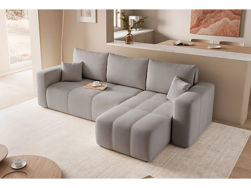 Canapé d'angle Convertible Pedro 3-Places avec Espace de Rangement en tissu Gris