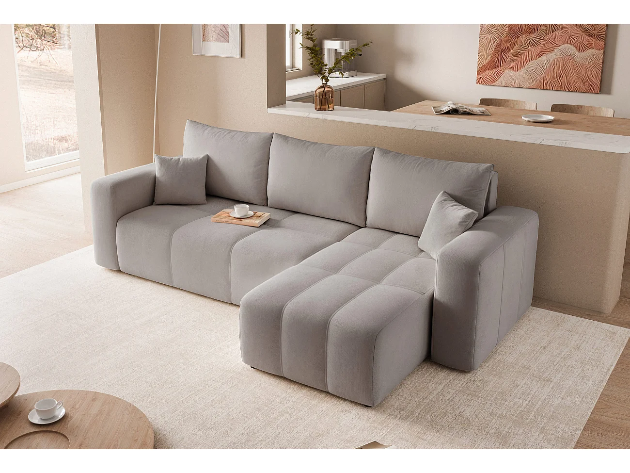 Canapé d'angle Convertible Pedro 3-Places avec Espace de Rangement en tissu Gris