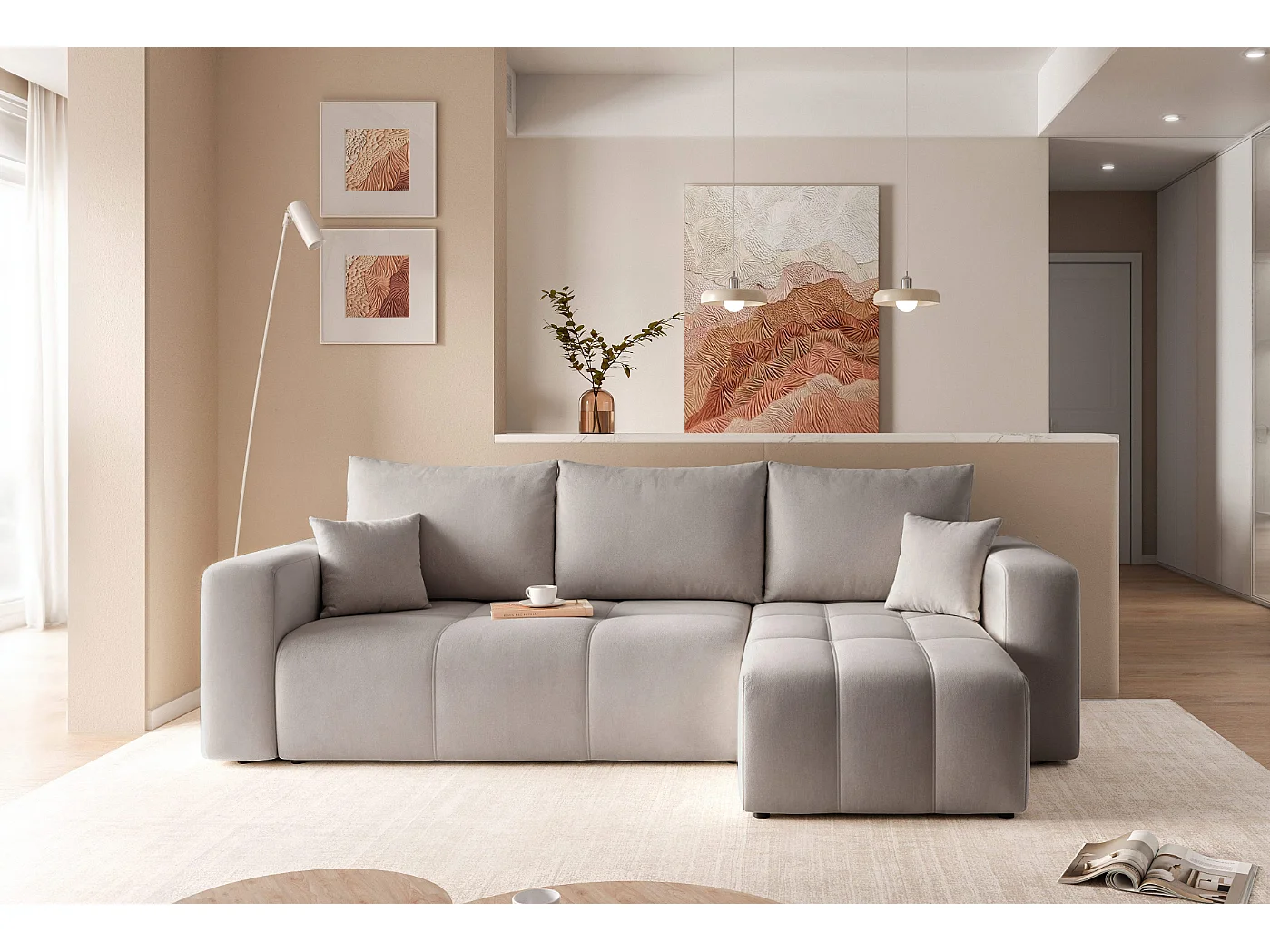 Canapé d'angle Convertible Pedro 3-Places avec Espace de Rangement en tissu Gris