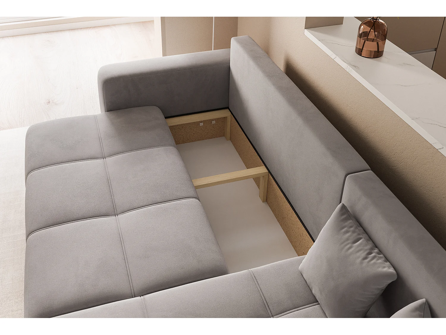 Canapé d'angle Convertible Pedro 3-Places avec Espace de Rangement en tissu Gris