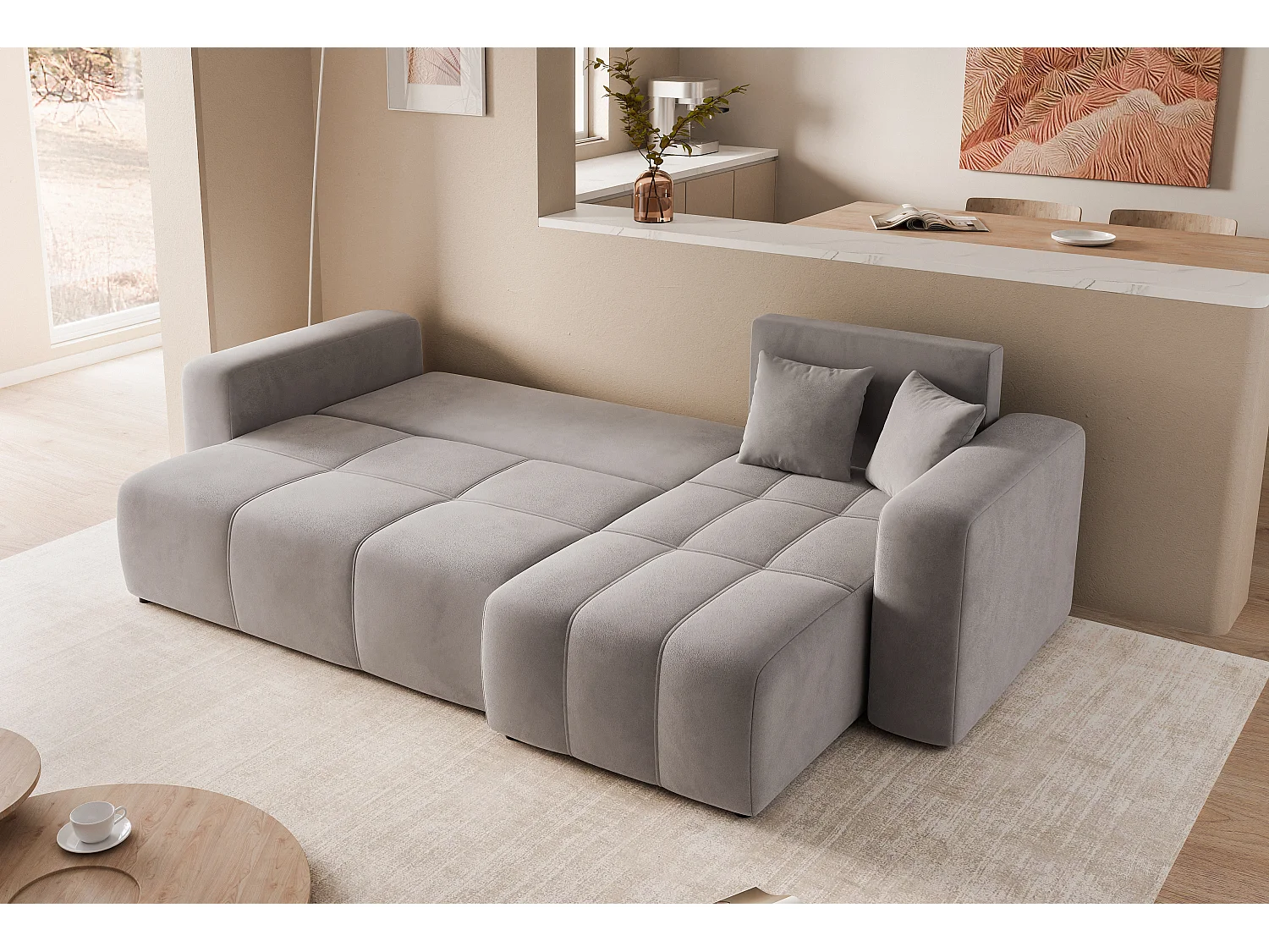 Canapé d'angle Convertible Pedro 3-Places avec Espace de Rangement en tissu Gris