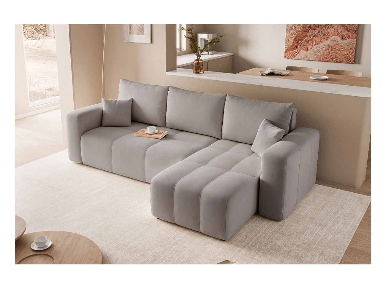 Canapé d'angle Convertible Pedro 3-Places avec Espace de Rangement en tissu Gris