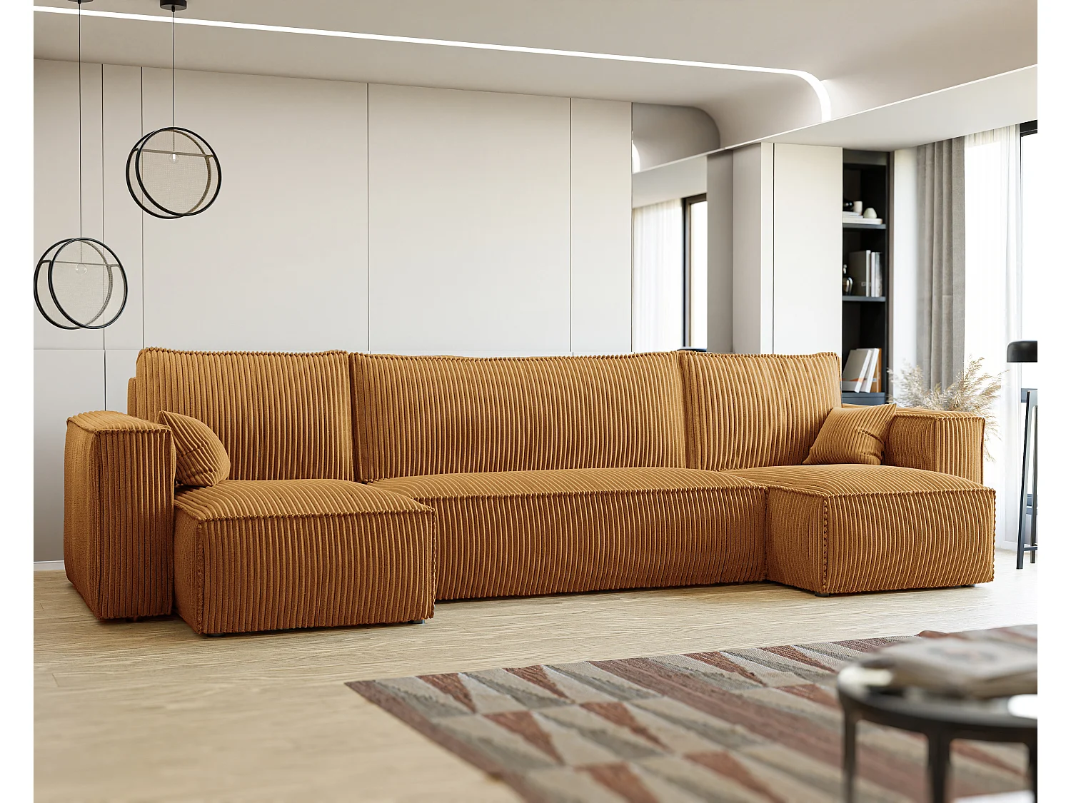 Canapé d'angle Paris U fonction couchage, et tissu Jaune moutarde