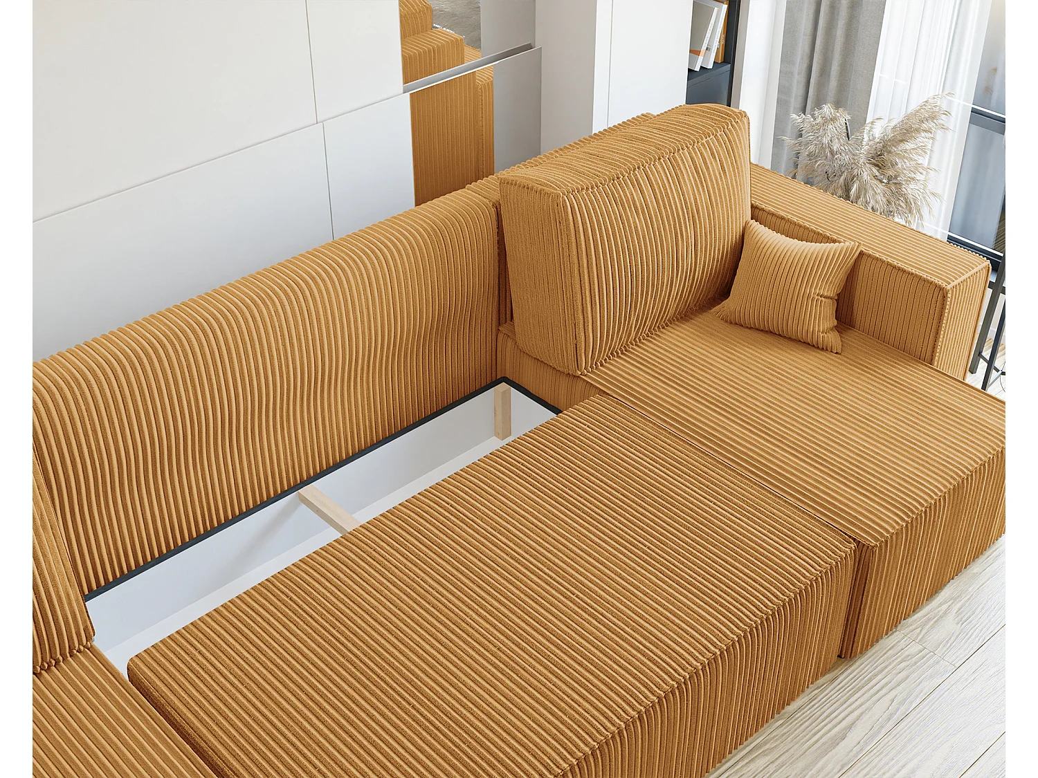 Canapé d'angle Paris U fonction couchage, et tissu Jaune moutarde