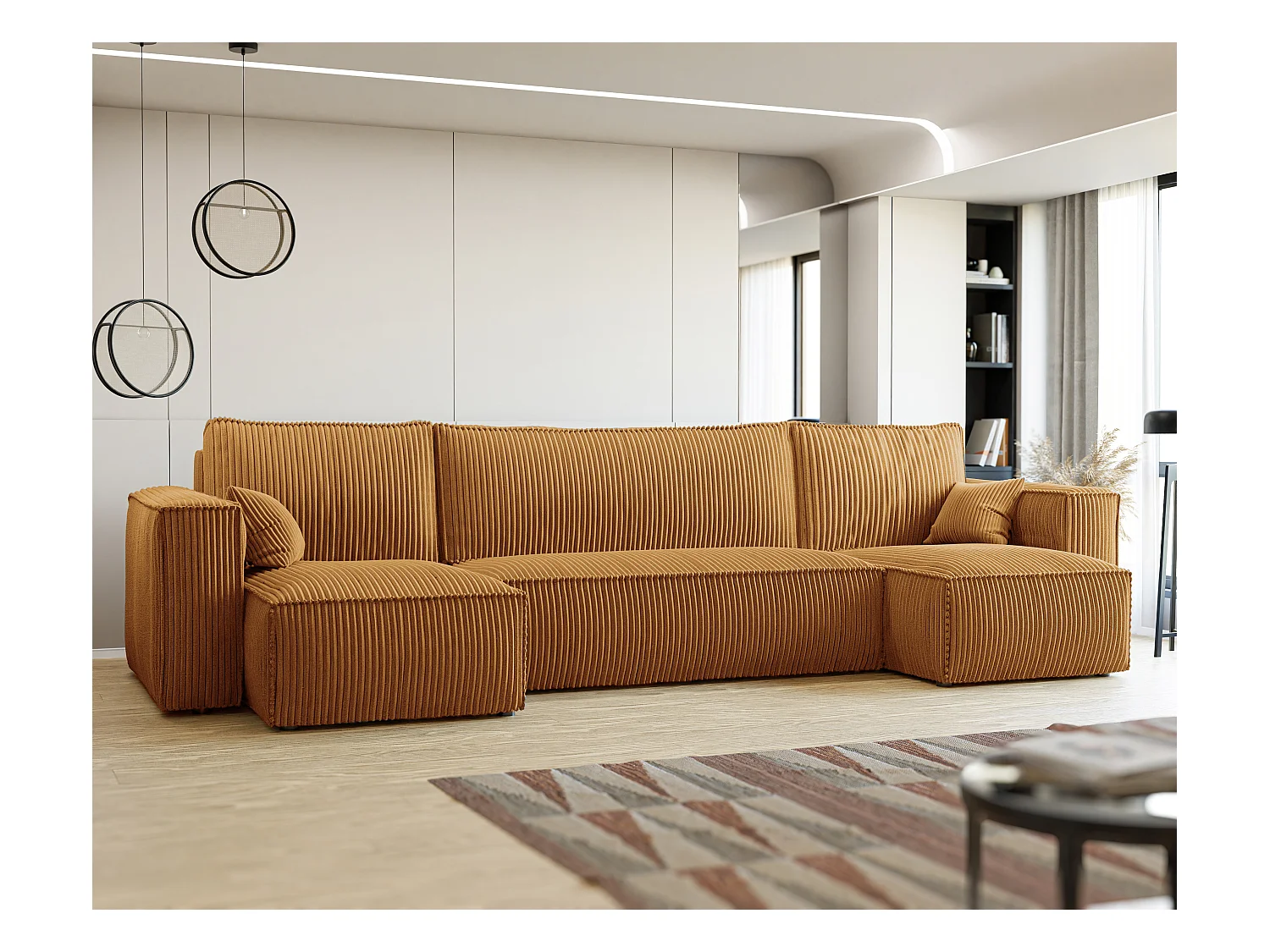 Canapé d'angle Paris U fonction couchage, et tissu Jaune moutarde
