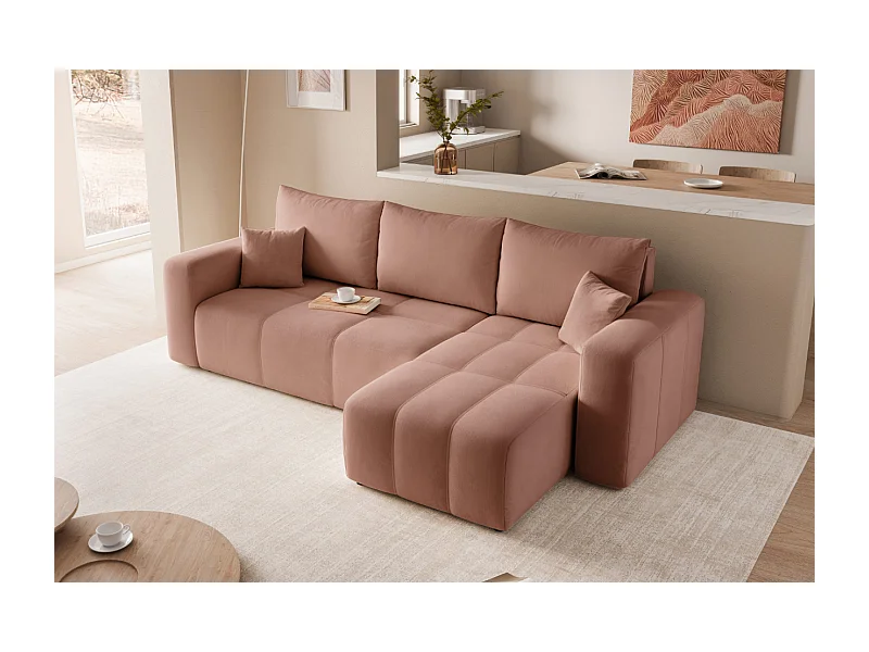Ecksofa Pedro mit Schlaffunktion und Stauraum, 3-Sitzer, in rosa Stoff.