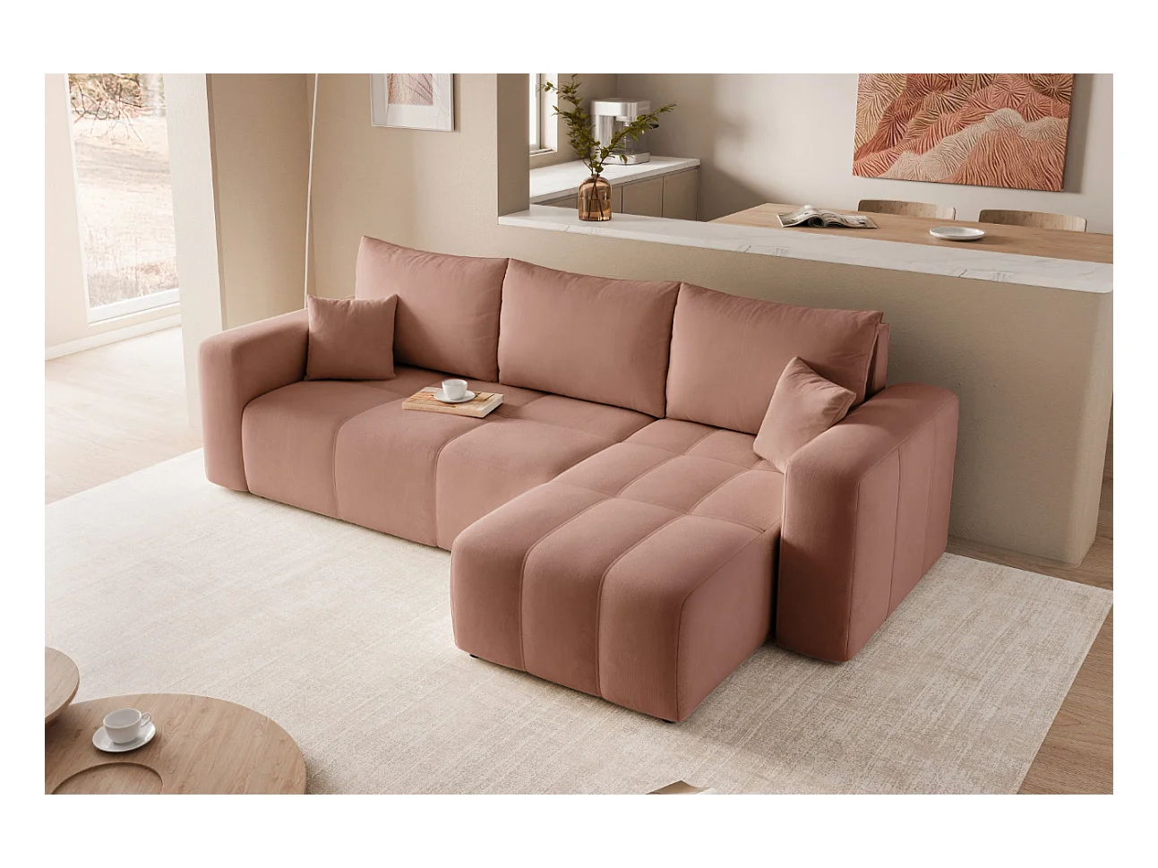 Canapé d'angle Convertible Pedro 3-Places avec Espace de Rangement en tissu Rose