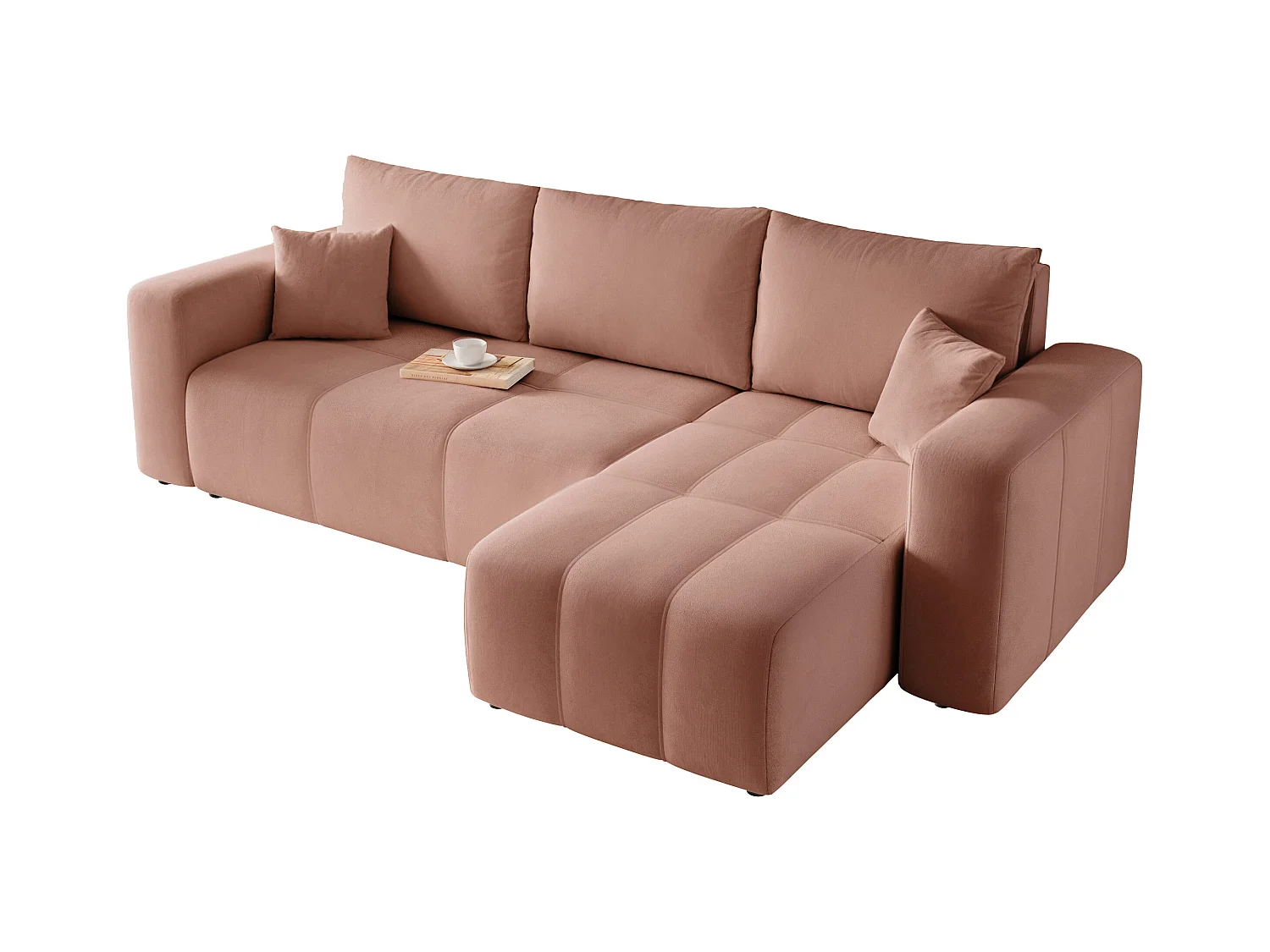 Ecksofa Pedro mit Schlaffunktion und Stauraum, 3-Sitzer, in rosa Stoff.