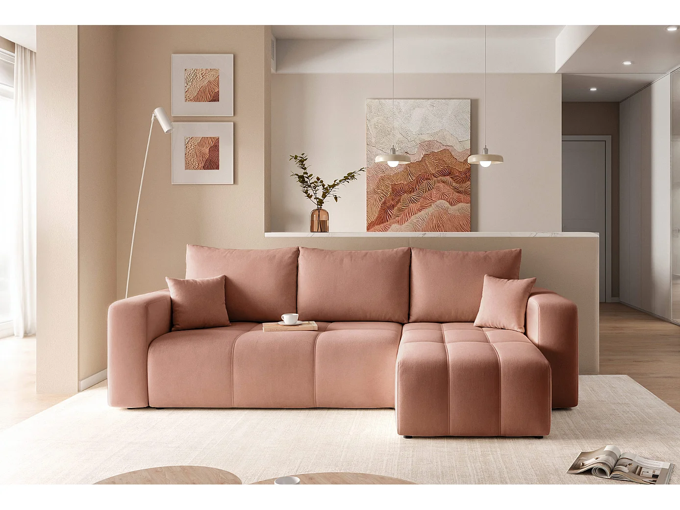 Ecksofa Pedro mit Schlaffunktion und Stauraum, 3-Sitzer, in rosa Stoff.