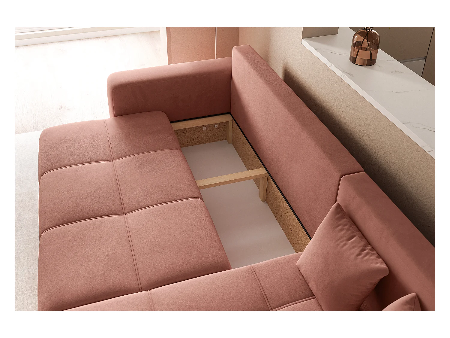 Ecksofa Pedro mit Schlaffunktion und Stauraum, 3-Sitzer, in rosa Stoff.
