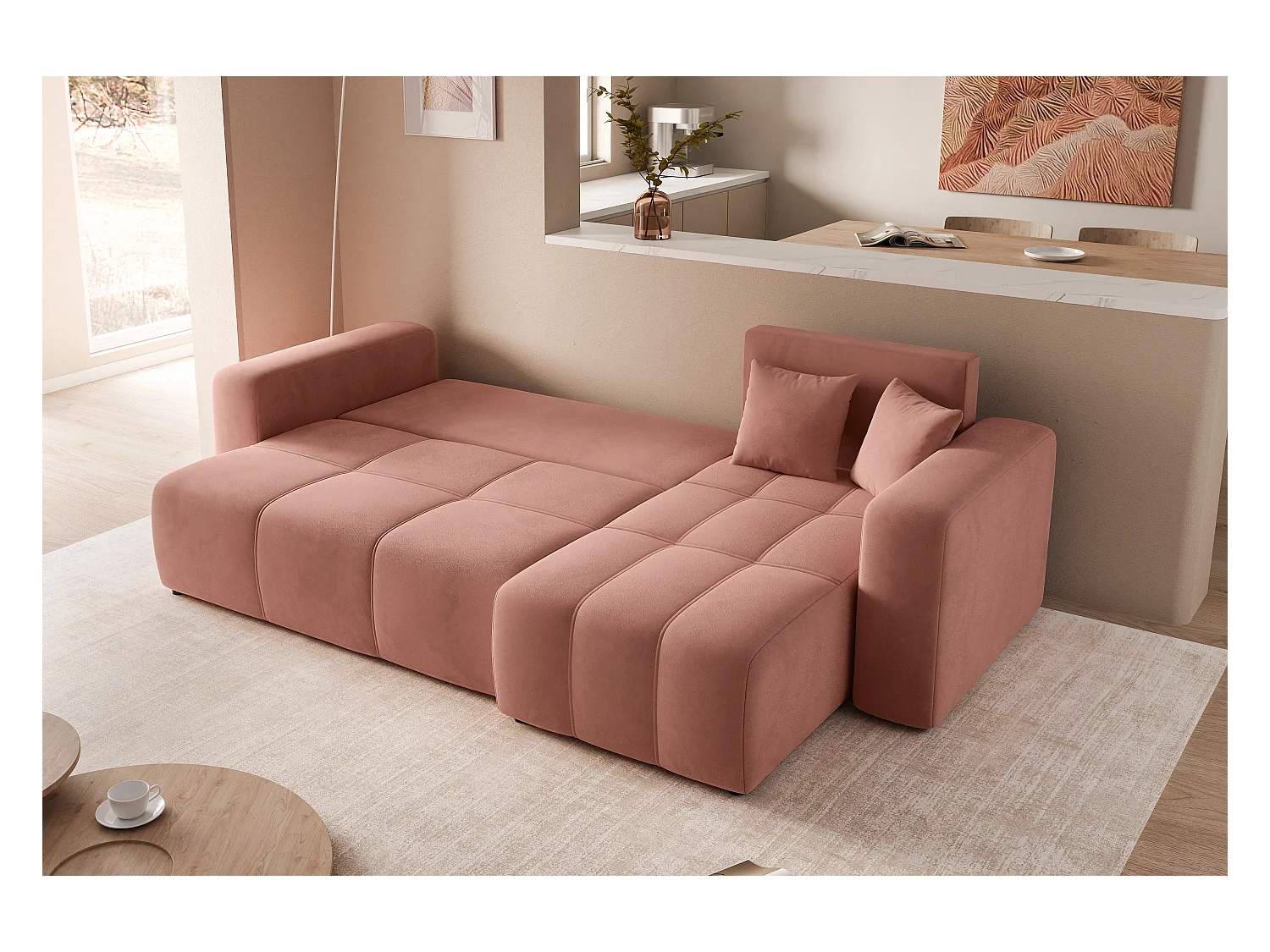 Ecksofa Pedro mit Schlaffunktion und Stauraum, 3-Sitzer, in rosa Stoff.