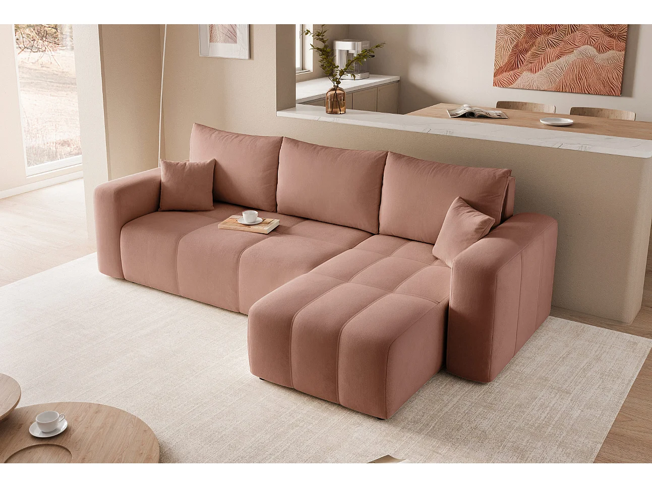 Ecksofa Pedro mit Schlaffunktion und Stauraum, 3-Sitzer, in rosa Stoff.