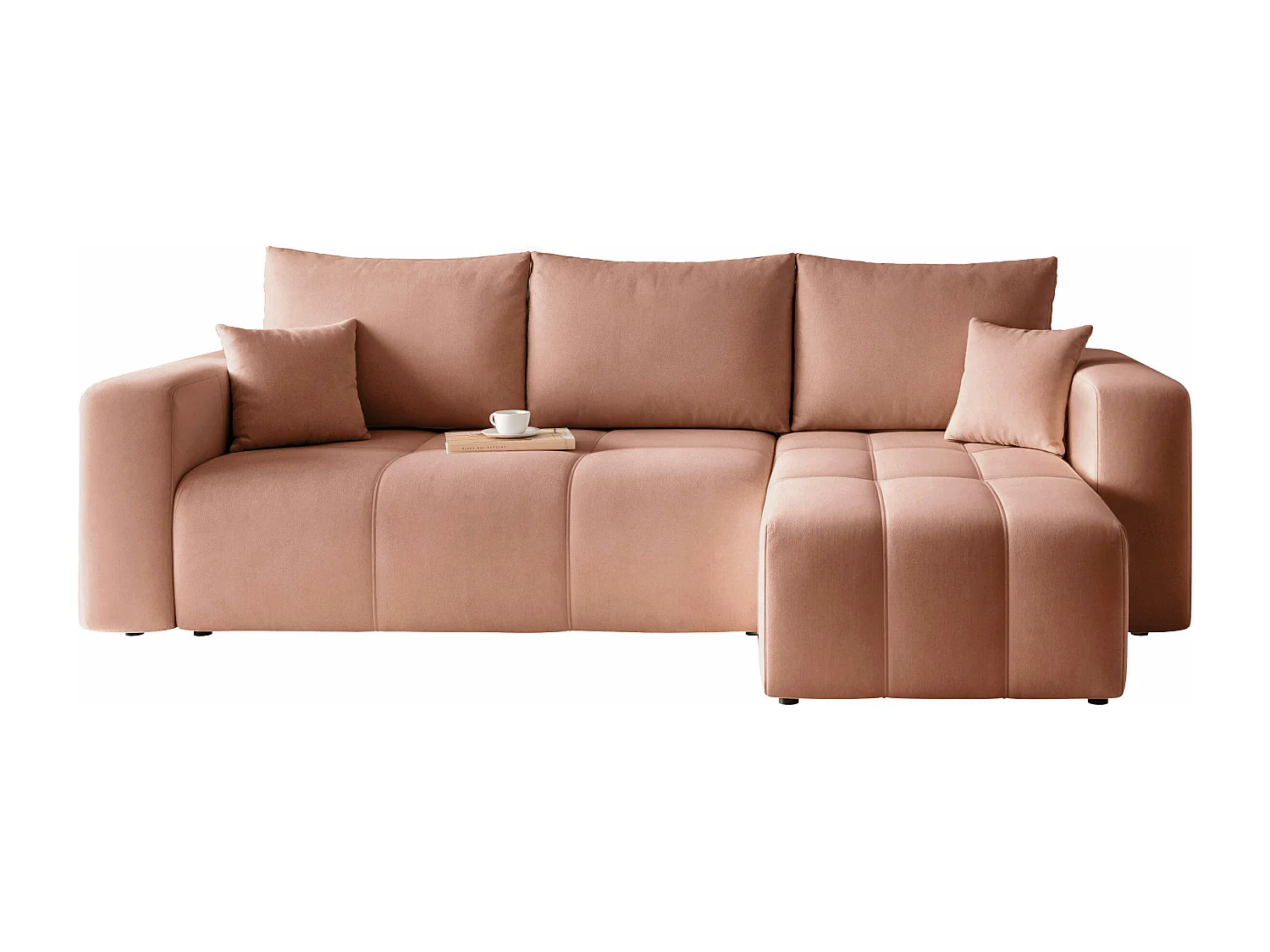 Ecksofa Pedro mit Schlaffunktion und Stauraum, 3-Sitzer, in rosa Stoff.