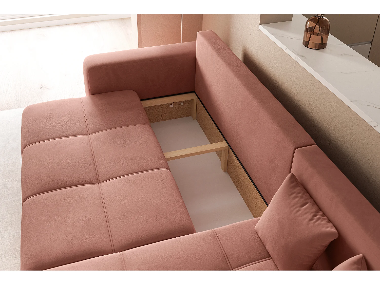 Ecksofa Pedro mit Schlaffunktion und Stauraum, 3-Sitzer, in rosa Stoff.